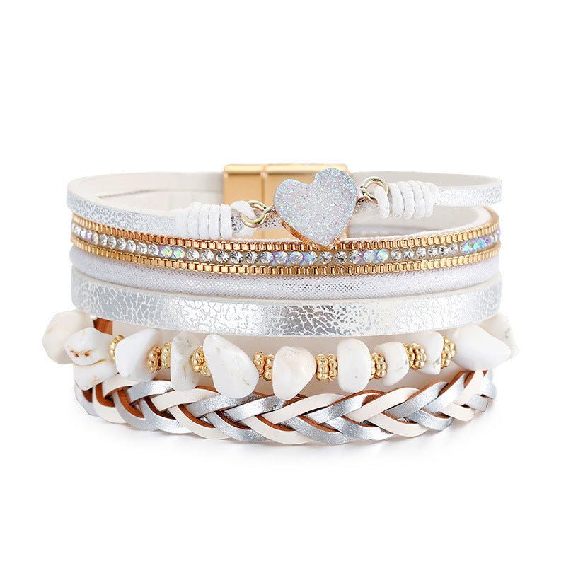 Wholesale Love Retro Hand-woven Leather Multi-layer Diamond-encrusted Ethnic Style Gravel Bracelet